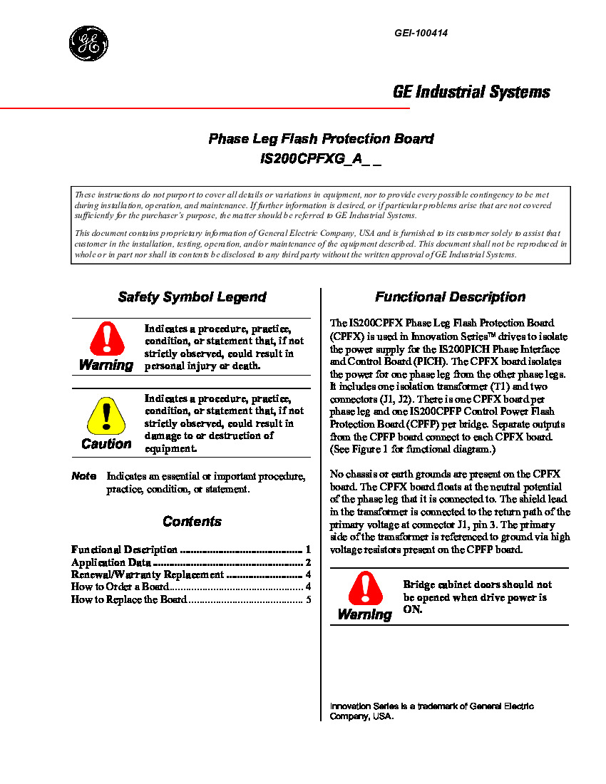 First Page Image of IS200CPFXG1AAA Phase Leg Flash Protection Board GEI-100414.pdf